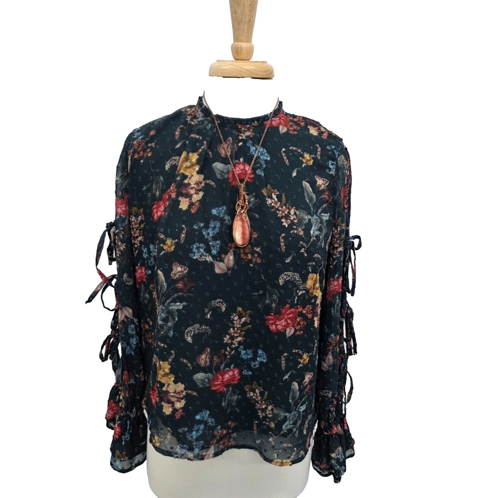 Kensie Jeans Womens L Floral Sheer Blouse Tie Sleeve Ruffle Boho Romantic